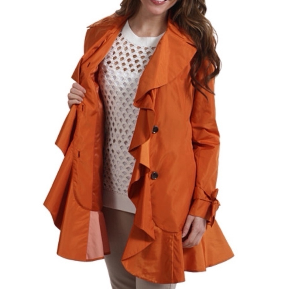 NEW Cole Haan Single Breasted Ruffle Nylon Orange Trench Coat Jacket Size Large